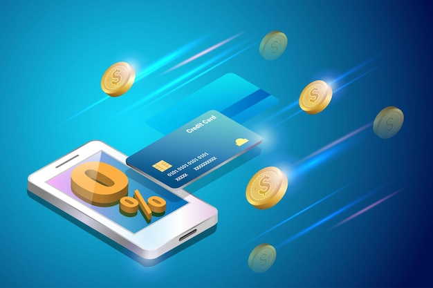 Money spending online shopping Gold coins falling on 0 interest free rate with credit card on smartphone Financial banking hot promotion for shopper concept