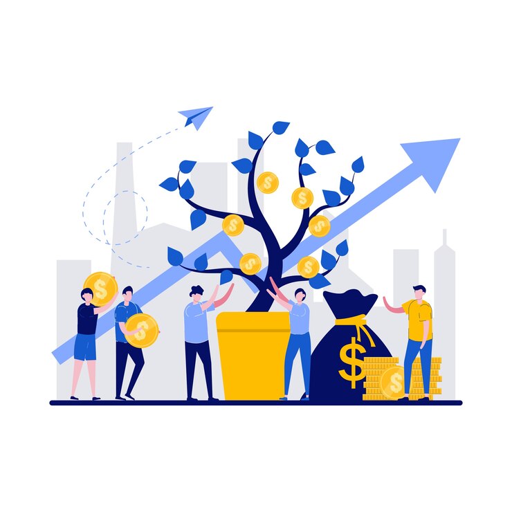 Vector money tree concept with tiny character.