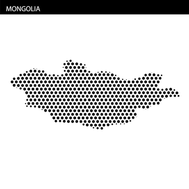 Mongolia highlighted on a hexagonal dotted map representation with abstract design elements
