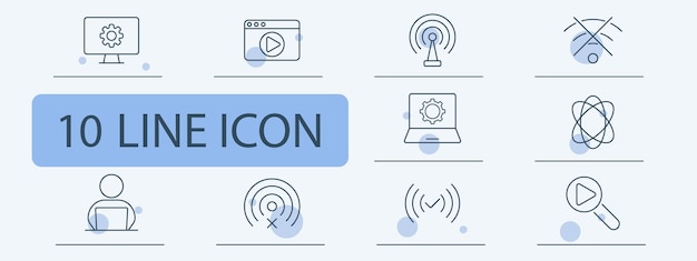 Monitor play button wifi no signal gear atom user wireless connectivity magnifying glass tech digital online communication connection interface internet electronics