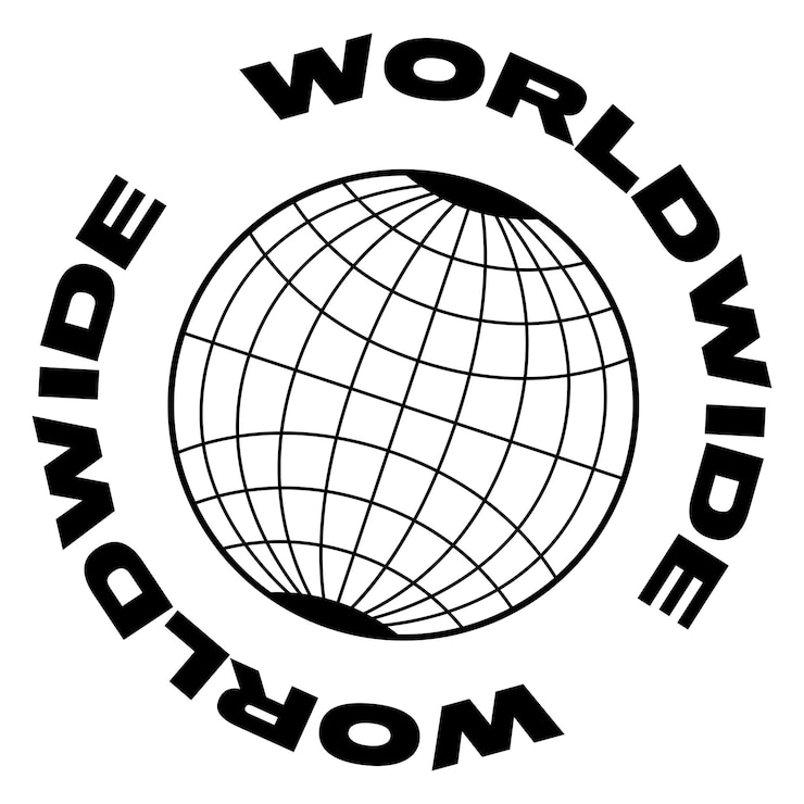 Vector monochrome logo design featuring a global sphere icon with worldwide text curved around it