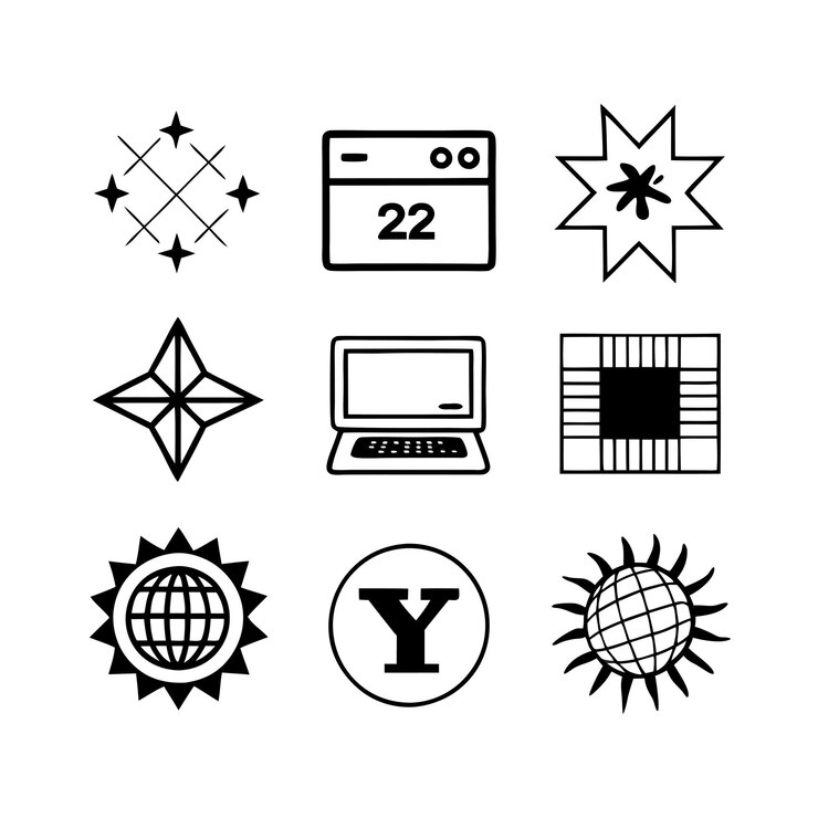 Vector monochrome y2k minimalistic black and white icon collection