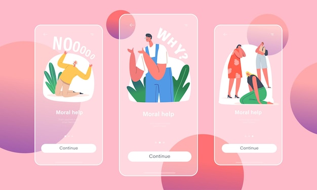 Moral Help Mobile App Page Onboard Screen Template. Characters Feel Unhappy Emotion, Yell, Cry, Feeling Anxiety and Depression Life or Work Problems Concept. Cartoon People Vector Illustration