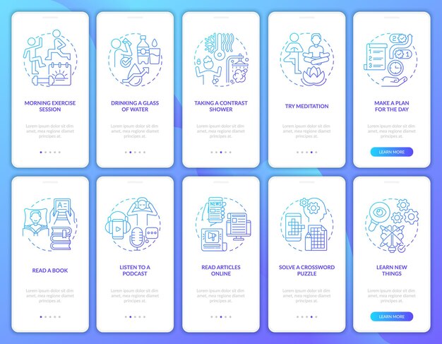 Morning routine blue gradient onboarding mobile app screen set Wellness walkthrough 5 steps graphic instructions pages with linear concepts UI UX GUI template Myriad ProBold Regular fonts used