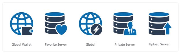 Một bộ 5 biểu tượng Internet như máy chủ toàn cầu yêu thích ví toàn cầu