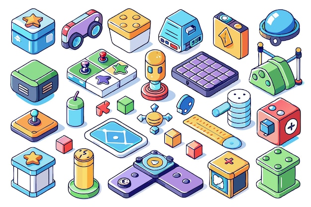 Một bộ sưu tập các nội dung trò chơi isometric có các khối rô bốt nút đầy màu sắc và các yếu tố khác