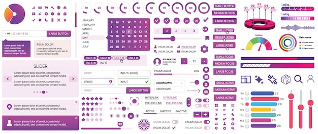 Một bộ thành phần UI cho ứng dụng di động và trang web Bao gồm các nút, panel, menu, thanh trượt và biểu đồ