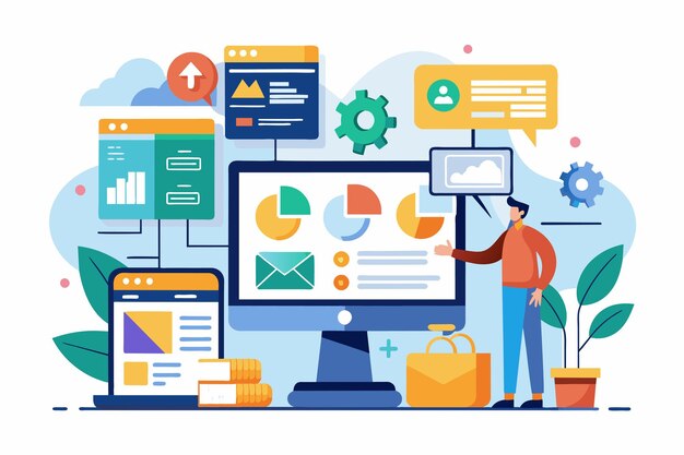 Một cá nhân tương tác với phân tích dữ liệu và hình ảnh lập trình trên máy tính trong một không gian làm việc sáng tạo. HTML CSS lập trình phân tích dữ liệu hình minh họa phẳng