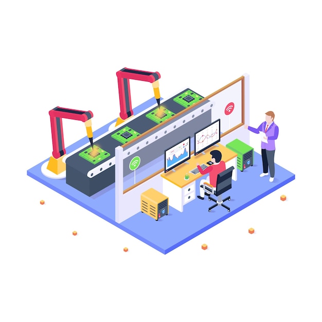 Một hình minh họa isometric hợp thời trang về sản xuất tại nhà máy
