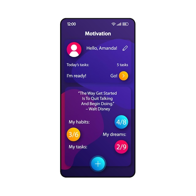 Motivation tips smartphone interface vector template Mobile app page color design layout Quotes for achieving dreams screen Flat UI for application Task reminders and notifications phone display