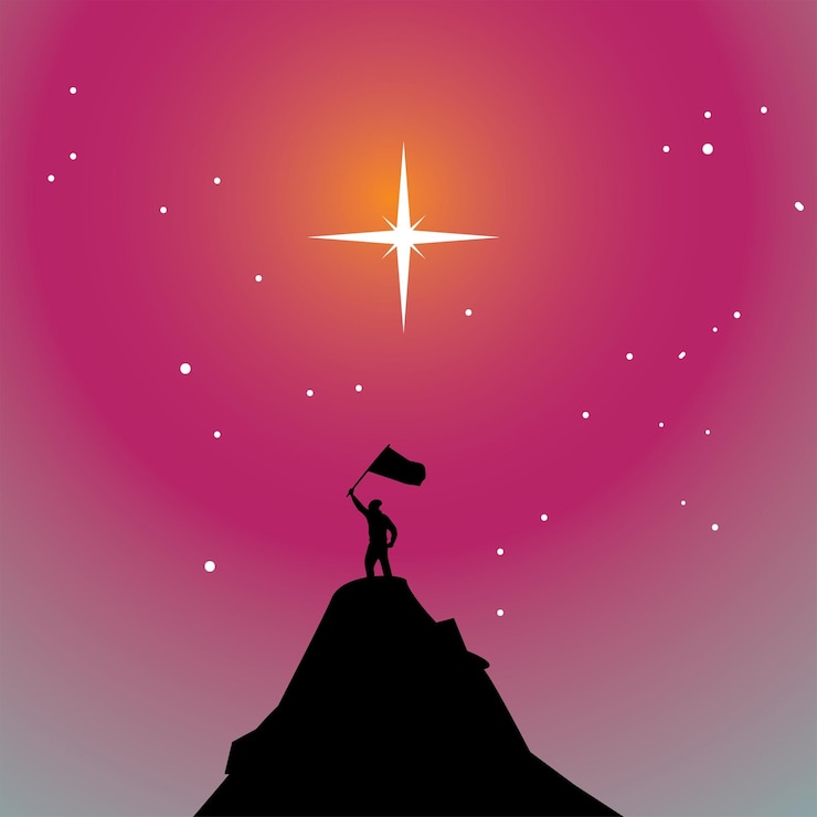 Vector mountaineer raising flag with beautiful stars background vector art silhouette design