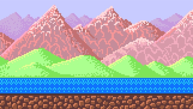 mountains pixel art bit objects landscape background for the application or a website retro game