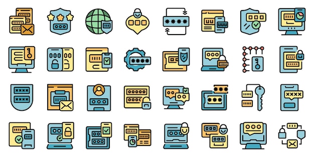 Multi factor authentication icons set outline vector Laptop security Web computer thin line color flat on white