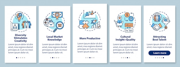 Multi racial team onboarding mobile app page screen with concepts