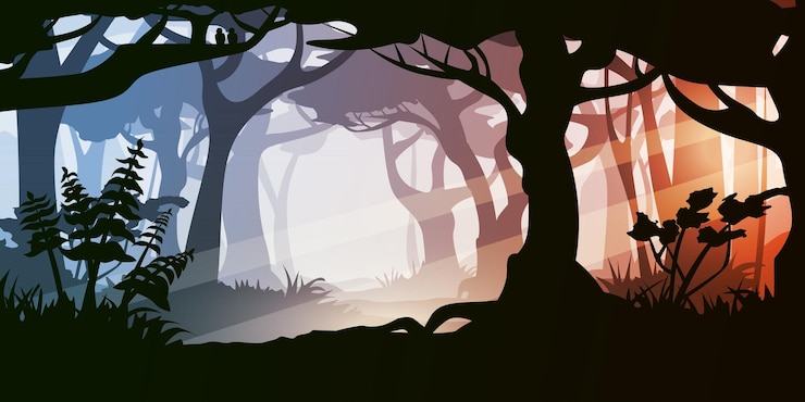 Vector multicolor sunset in dense forest layer design
