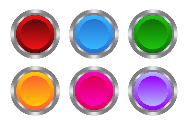 Multicolored buttons with metal base Push press touch control centre panel manipulation key knob management administration operation switch on off stop start caution help Vector