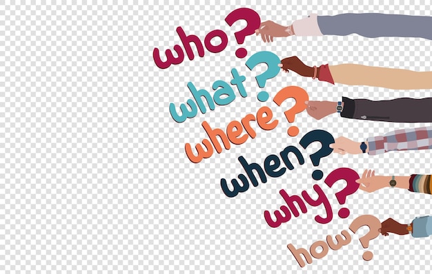 Multicultural people arms holding in hand colorful question marks with Whowhatwherewhenwhyhow textInvestigate and solve questions Problem solving Brainstorming Banner copy space
