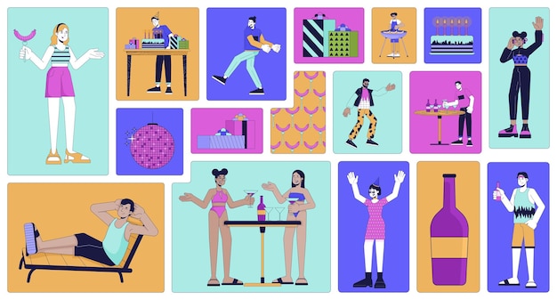 Multicultural people party bento grid illustration set