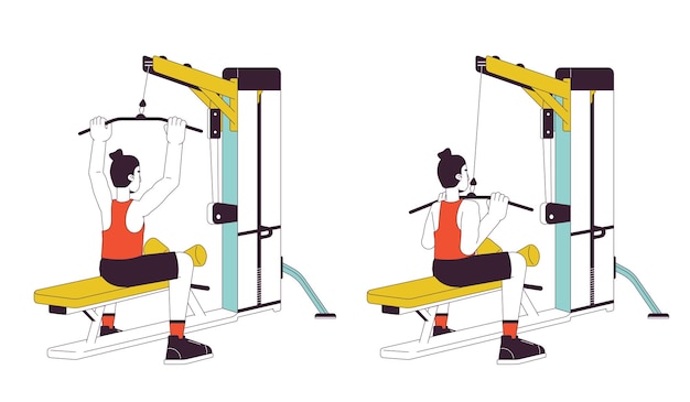 Muscle building with lat pulldown machine flat line vector spot illustration Sportsman 2D cartoon outline character on white for web UI design Back exercises editable isolated color hero image