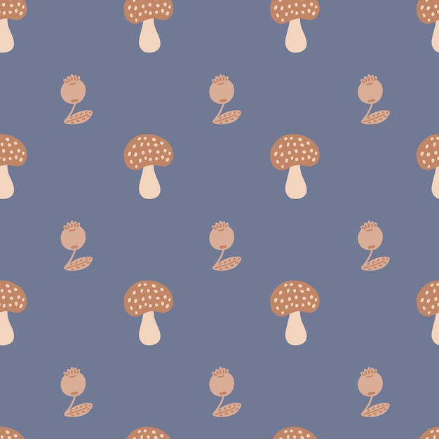 Mushroom and berries kids flat design seamless pattern