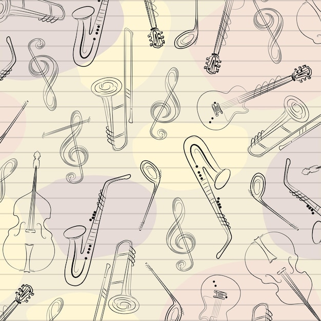 music instruments elements sax trombone guitar notes bass doodle cartoon line art design abstract