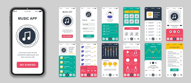Music mobile app screens set for web templates Pack of login songs playlist audio player equalizer settings streaming and other mockups UI UX GUI user interface kit for layouts Vector design