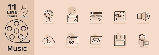 music set icon film reel hard drive cloud sync speaker camera radio cassette folder with video control sliders tape recorder