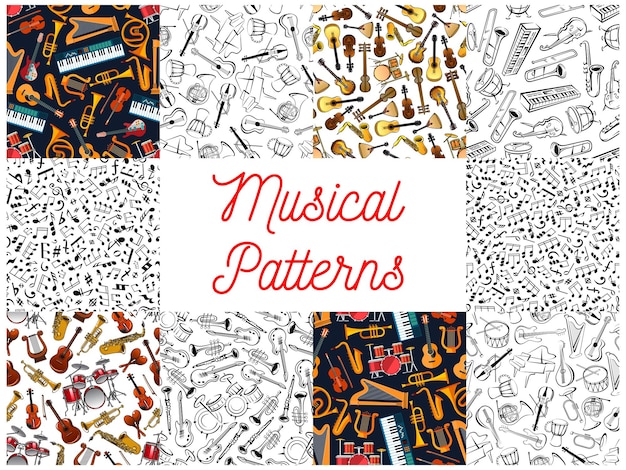 Musical instruments and notes pattern backgrounds