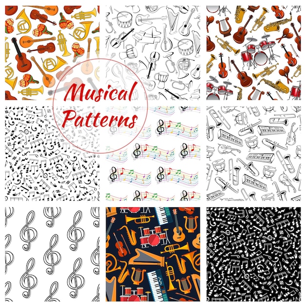 Musical instruments patterns. Vector seamless background of harp, trumpet, guitar and violin, contrabass and piano, music notes stave, maracas, saxophone, cymbals with drums