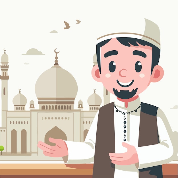 muslim man is cheerful with a mosque in the background