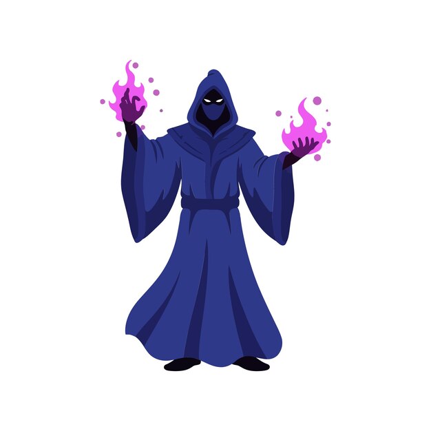 Mysterious hooded figure conjuring purple flames with a dramatic presence in a flat vector art style