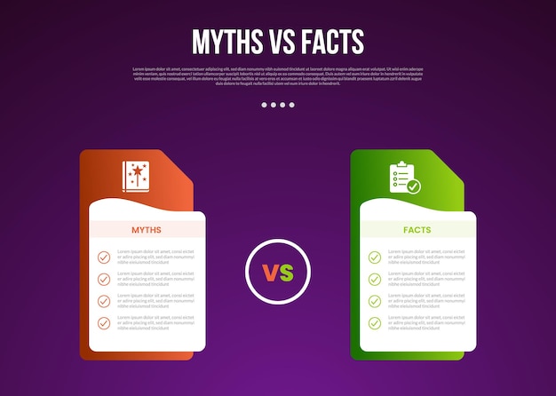 myths vs facts infographic for comparison data with creative table box with folder style stack with modern dark gradient style background with 2 point information