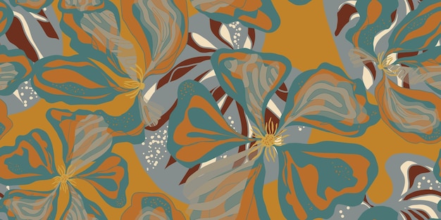 nasturtium stylized fantasy flowers and leaves in japanese style vector seamless pattern spring motifs ornament retro style