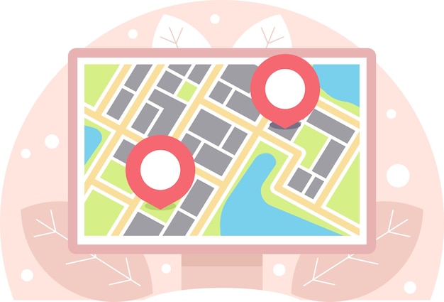 Navigation map with pins on computer display Building a route GPS navigator with red pinpoint