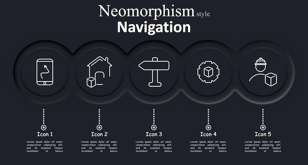 Navigation set icon Smartphone with route house with cube direction sign gear with cube person with helmet and cube in neomorphism style with soft dark UI