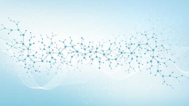 Nền cấu trúc phân tử. Hình nền hoặc banner mẫu khoa học với các phân tử DNA. Nền phân tử khoa học trừu tượng. Dòng chảy sóng, mẫu đổi mới. Ảnh minh họa vector.