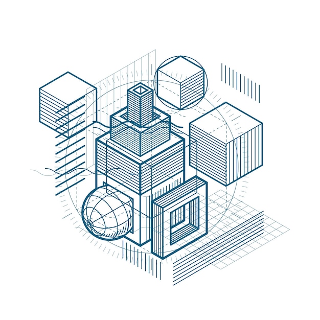 Nền trừu tượng isometric với các đường và các yếu tố khác nhau, mẫu trừu tượng vector. Bố cục của hình khối, hình lục giác, hình vuông, hình chữ nhật và các yếu tố trừu tượng khác nhau.