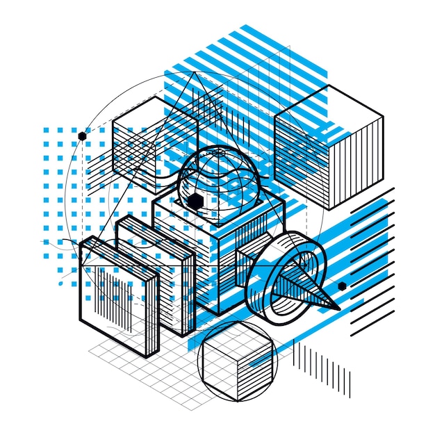 Nền trừu tượng với các yếu tố đẳng cự, nghệ thuật tuyến tính vector với đường nét và hình khối. Hình khối lập phương, lục giác, hình vuông, hình chữ nhật và các yếu tố trừu tượng khác nhau.