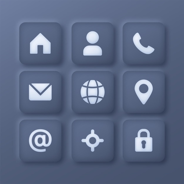 Neomorphic business icon button set in dark mode with Neomorphism style
