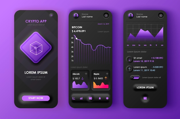 Neomorphic mobile app UI UX kit blockchain unique neomorphism style.