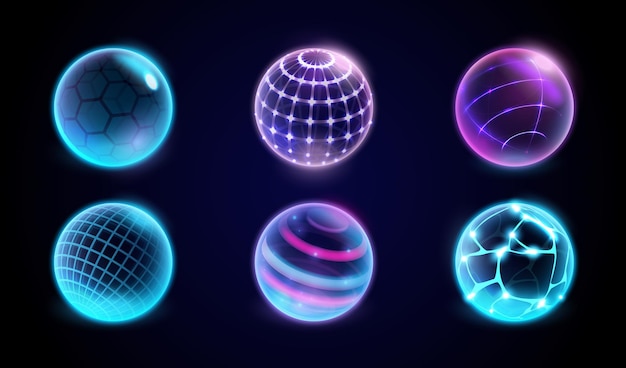 Neon balls with mesh protective barrier for security Vector set of futuristic spheres with glowing and illumination Cyberspace and defense Abstract circular objects with shining smooth surface