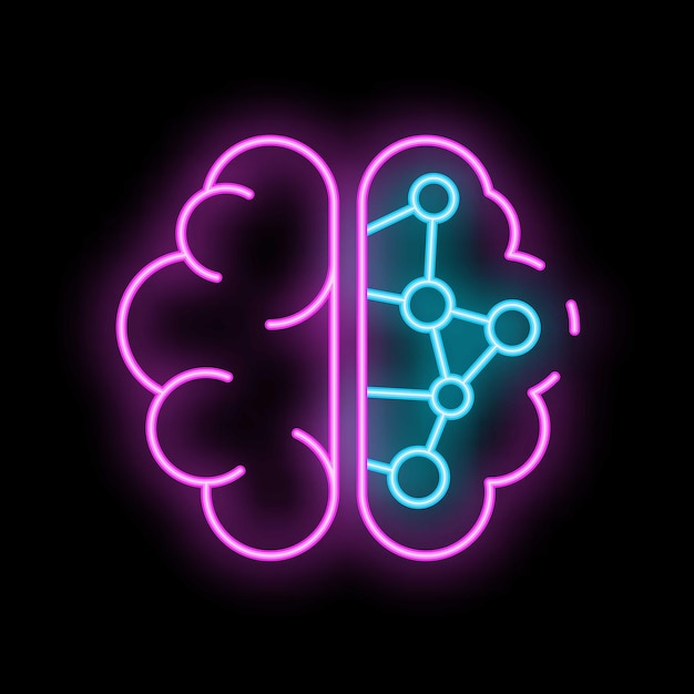 Neon brain illustrating artificial intelligence with network nodes