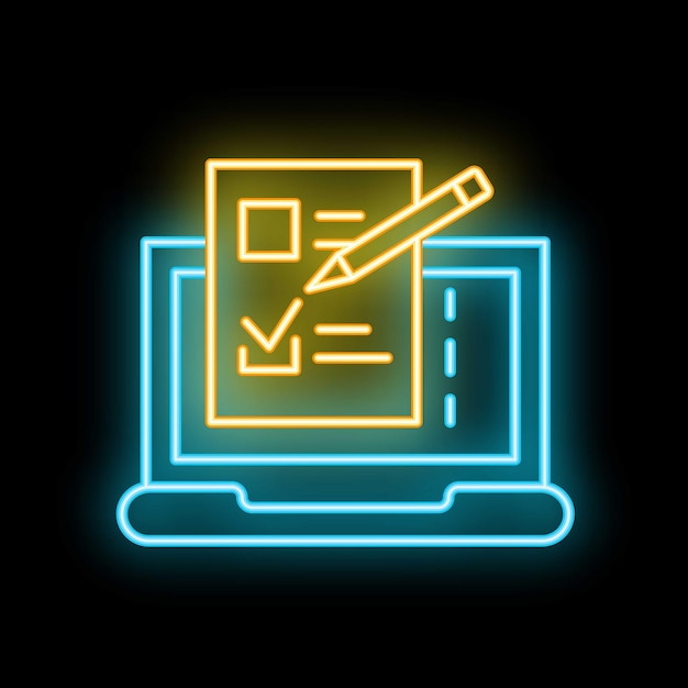 Neon icon of online survey being filled out on a laptop