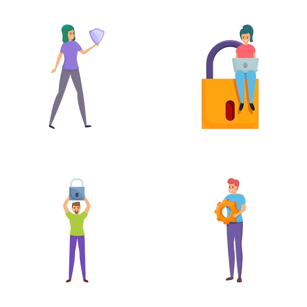 Network security icons set cartoon vector Online information protection