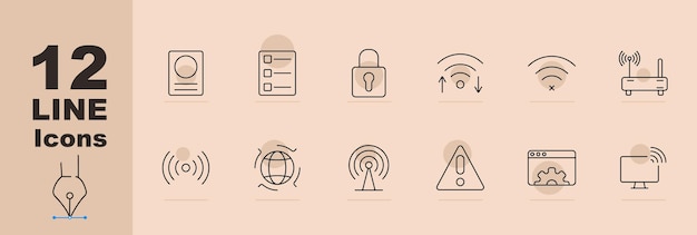 Network security set icon ID card checklist lock wifi signal router warning globe antenna browser settings computer screen