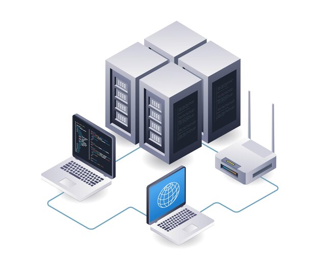 Network wifi internet server technology analyst infographic illustration 3d flat isometric
