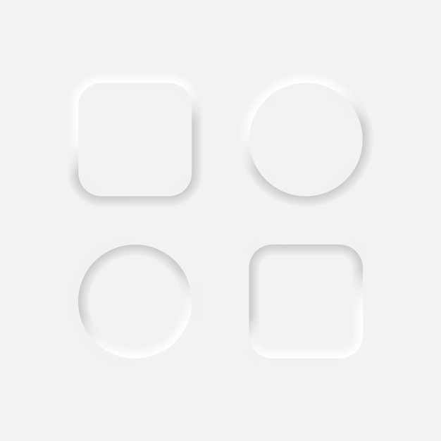 Neumorphic square and round buttons set. White geometric shapes in a trendy soft 3D style with shadow. Vector illustration EPS 10