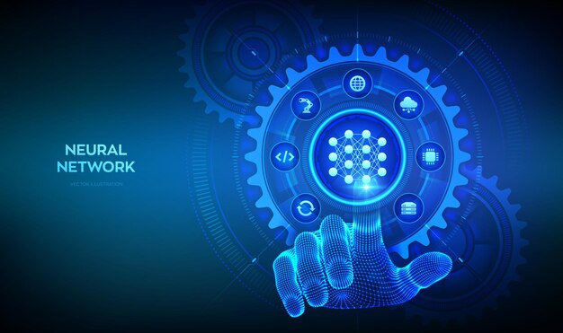 Neural network technology concept AI Artificial Intelligence Machine Learning Deep learning Big data Hand touching digital interface with interconnected gears and icons Vector illustration