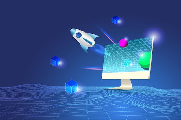 New business startup 3D Rocket launching from computer with blockchain to futuristic outer space