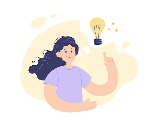 new idea light bulb concept young positive woman with lamp above her head innovation and solution vector illustration in minimalist style